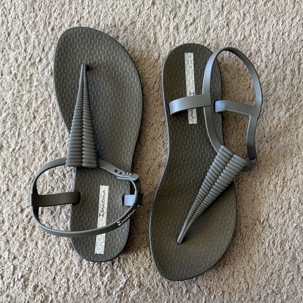 T strap sandal. Grayish green. Slightly used